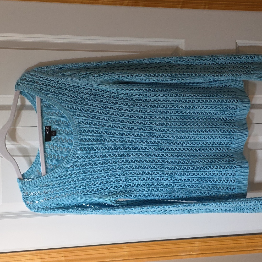 a.n.a Light Blue Long-Sleeve Pointelle Open-Stitch Sweater Womens Size L🦋